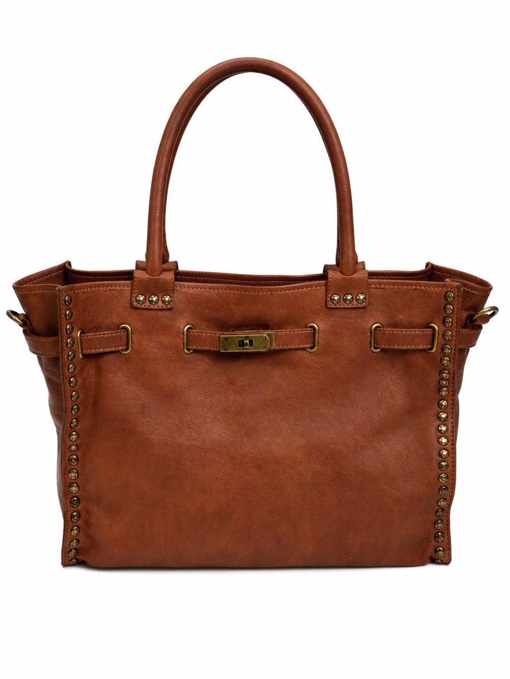 Vilenca Holland Leather Boho Tote Cognac Studded Shoulder Bag Purse Rustic